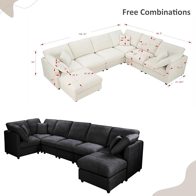 117 Modular Sectional SofaU Shaped Chenille Sofa Set with Movable OttomanModern 7-Seat Cloud Sectional Couches for Living Room Home Office (Black 117 U-7 Seater)