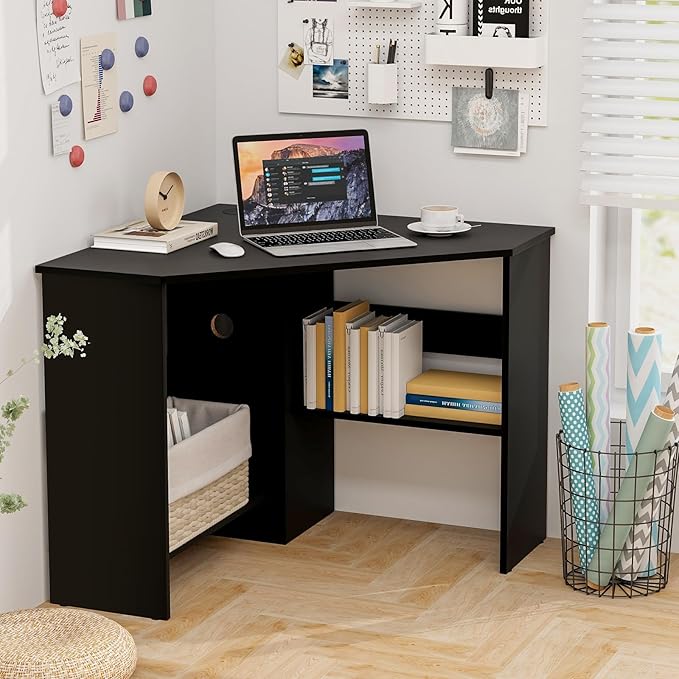 LDAILY Corner Desk Space Saving 90 Degree Triangle Computer Desk with Storage Shelves &amp Cable Holes Wood Compact Corner Writing Table for Small Spaces Home Office Bedroom &amp Living Room Bl