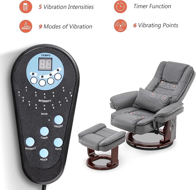 MCombo Swivel Recliner with Ottoman Chair TV Chair Sets with Vibration Massage for Small Space Living Room Bedroom 9096 9099 (Faux Leather Grey)