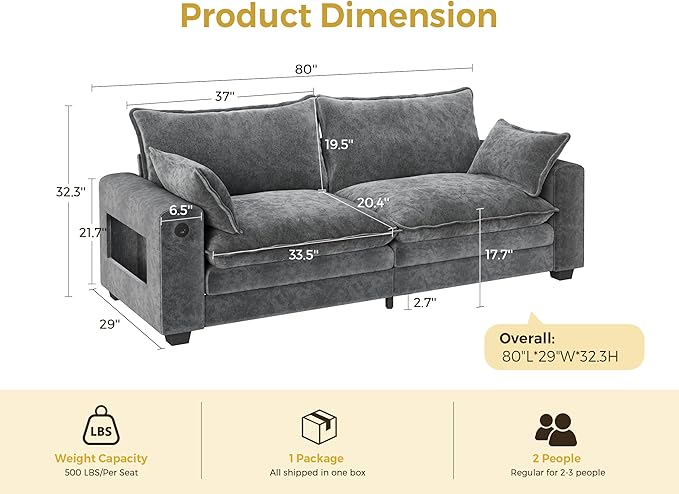 80 Cloud Sofa Loveseat for Living Room 2-Seats Couches with Wide Armrest Storage Charging Station Led Lights Modern Chenille Fabric Sofa for Small Space Grey