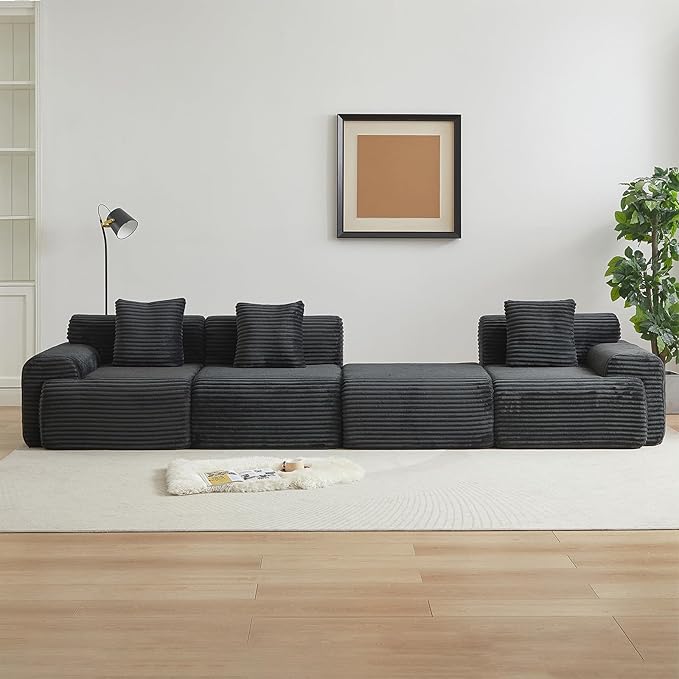 114-inch Oversized Modular Sectional Sofa Fluffy Boneless Compressed Memory Foam Corduroy Couch Comfy Modern L Shaped Couches with Ottoman &amp Pillows for Living Room Apartment Bedroom Black