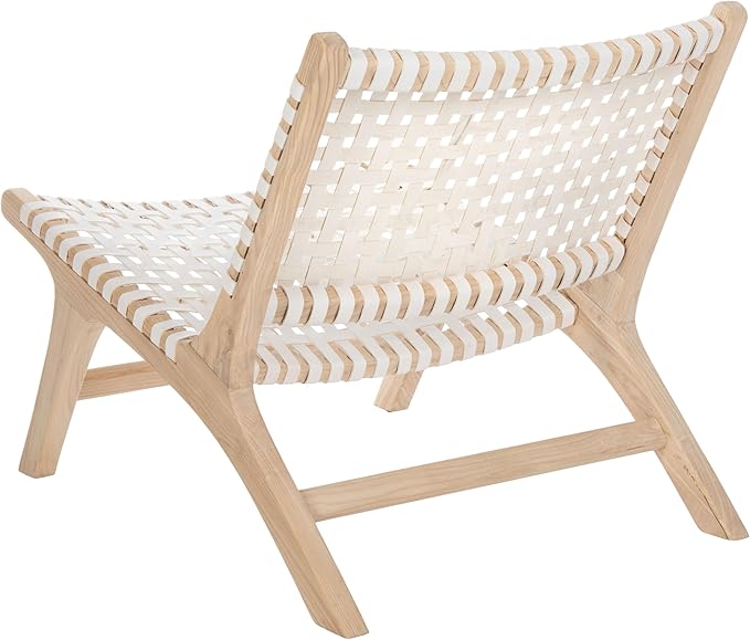 SAFAVIEH Home Collection – Luna Natural Solid Wood &amp White Leather Woven Accent Chair Contemporary Lounge Chair Fully Assembled (ACH1002A)