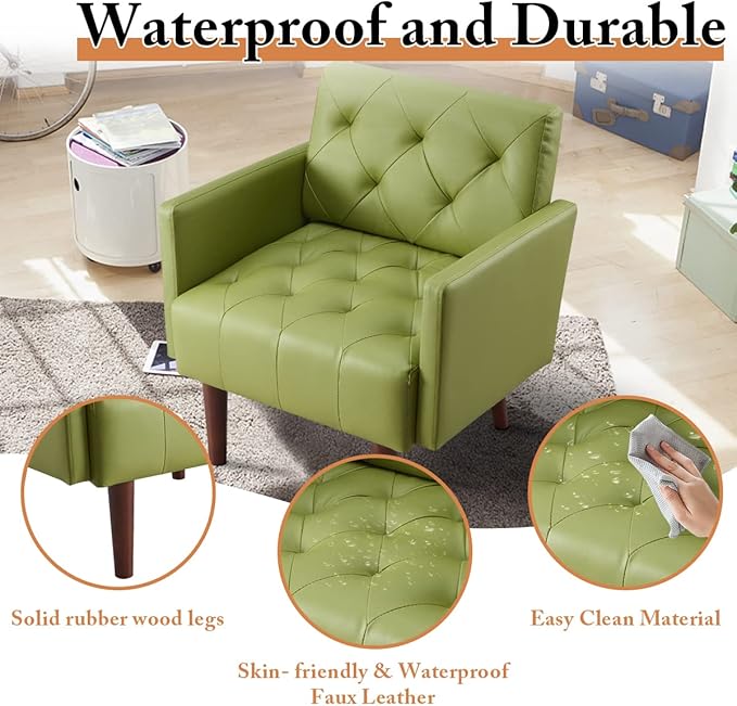 Faux Leather Accent Chair Modern Retro Arm Chair for Living Room and Bedroom Tufted Upholstered Sofa Club Chair Comfy Armchair for Small Spaces Bedroom Office (Olive)