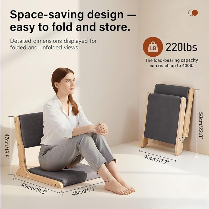 Tiita Floor Chair with Back Support Foldable Meditation Tatami Chairs Backrest Chair with Cushion Living Room Chair Seat 4 Pack Wood Dark Grey