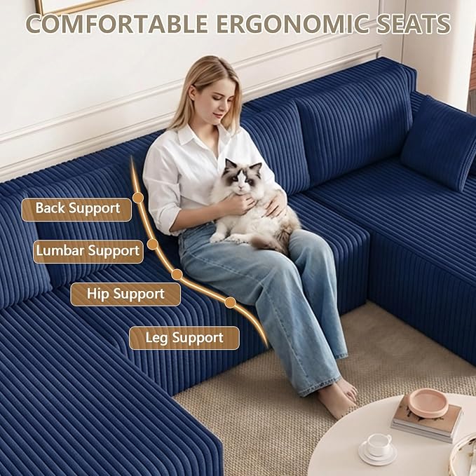 124 U Shaped Cloud Couch Sectional Corduroy Upholstered 4-Seater Cloud Couches for Living Room Deep Seat Modular Boneless Sofa with Lounge Chaise No Assembly Required Blue