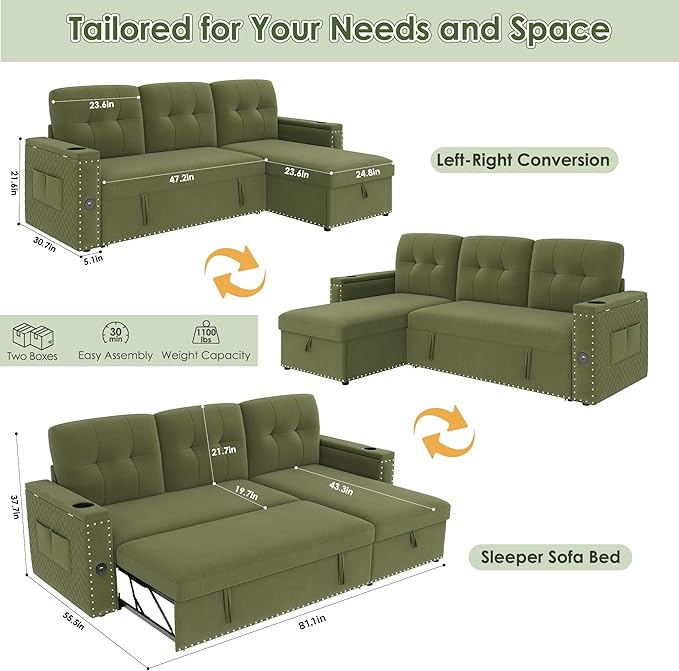 HIFIT Sleeper Sofa Bed- 81 L Shaped Pull Out Couches for Living Room with Storage Chaise Storage Armrest LED Light&ampUSB Port&ampCupholder Modern Velvet Sectional Home Sofa Living Room Furnitur