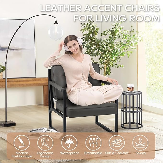COLAMY Accent Chairs Set of 2 Modern Accent Arm Chairs for Living Room Comfy Leather Armchairs with Metal Legs for Bedroom Reception Room Grey