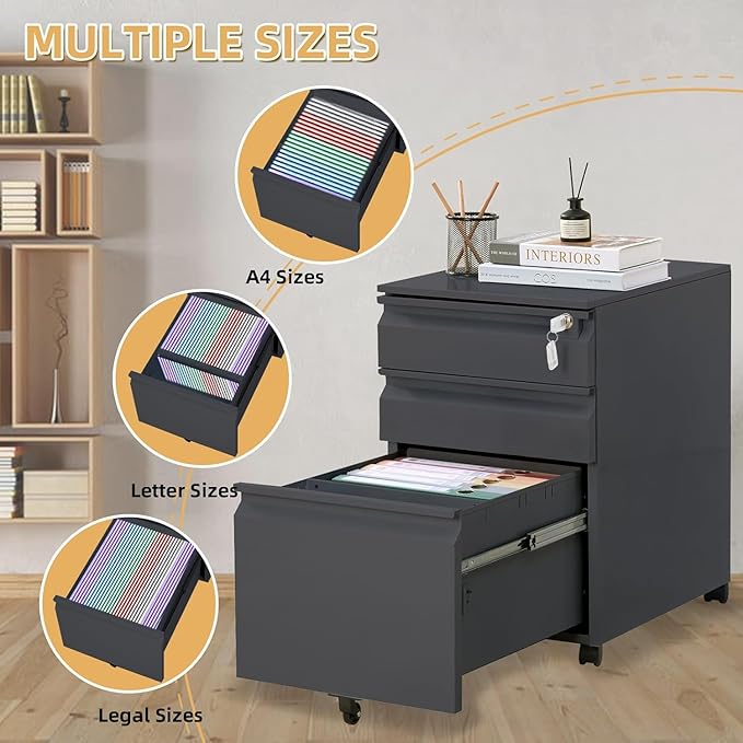 3 Drawer File Cabinet with 4 Wheels Capacity 120 Lb Locking File Cabinet- for A4 Letter-Head Legal-Size Folders - for Office&ampStudy Black