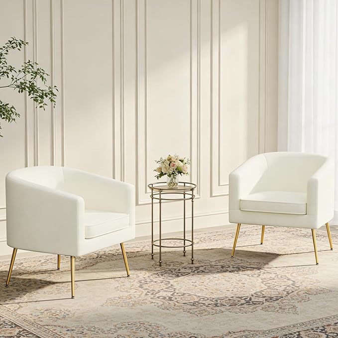 Velvet Accent Chair Modern Barrel Armchair with Gold Legs Upholstered Club Chairs for Living Room/Bedroom/Guest Reception White
