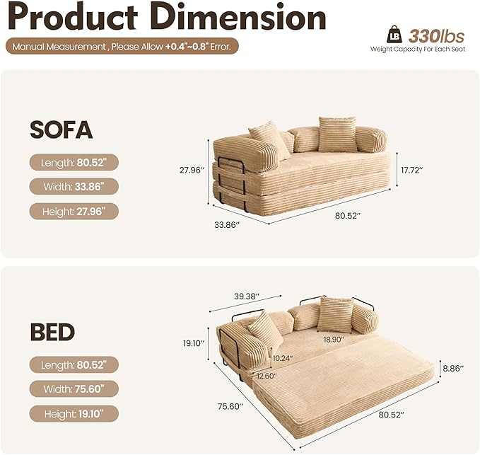 4-in-1 Folding Convertible Sleeper Sofa Bed81 Plush Corduroy Boneless Couch Pull Out BedsLoveseat Floor Futon for Small Spaces Living Room Bedroom ApartmentBeige