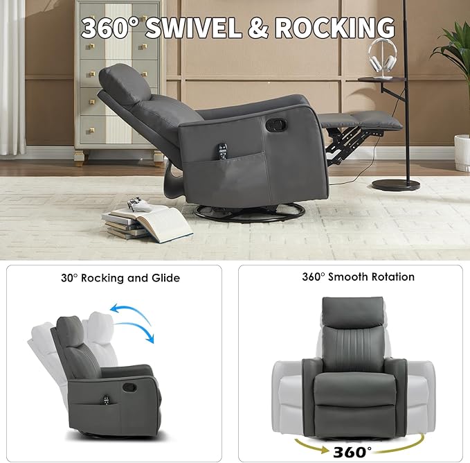 Swivel Rocker Recliner Chair 360° Swivel Recliner with Heat and Massage Rocker Recliner Nursery Glider Chair with Side Pockets for Living Room (Grey Faux Leather)
