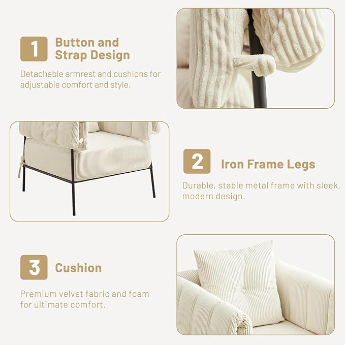 Furniliving Modern Accent Chairs Comfy Chairs with Pillow Lounge Chair Reading Chair for Living Room Upholstered Bedroom Arm Chair with Metal Frame Armchair Soft Cushion Corduroy Beige