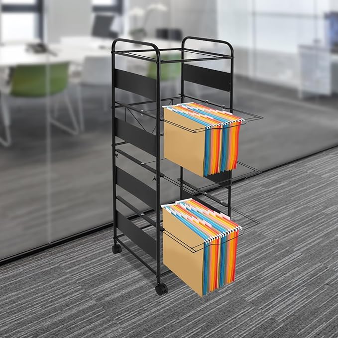 mignonnememe Rolling File Cart 4-Tier Rolling Cart Organizer Hanging Files Stand with Wheels Mobile Filing Cabinet for Office Home School Organization (Black)