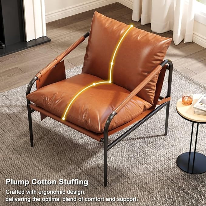 homary Brown Leather Accent Chair for Living Room Modern Armchair with Metal Frame Padded Arms Side Pockets &amp Soft Supportive Cushion Comfortable Reading Chair for Bedroom or Office