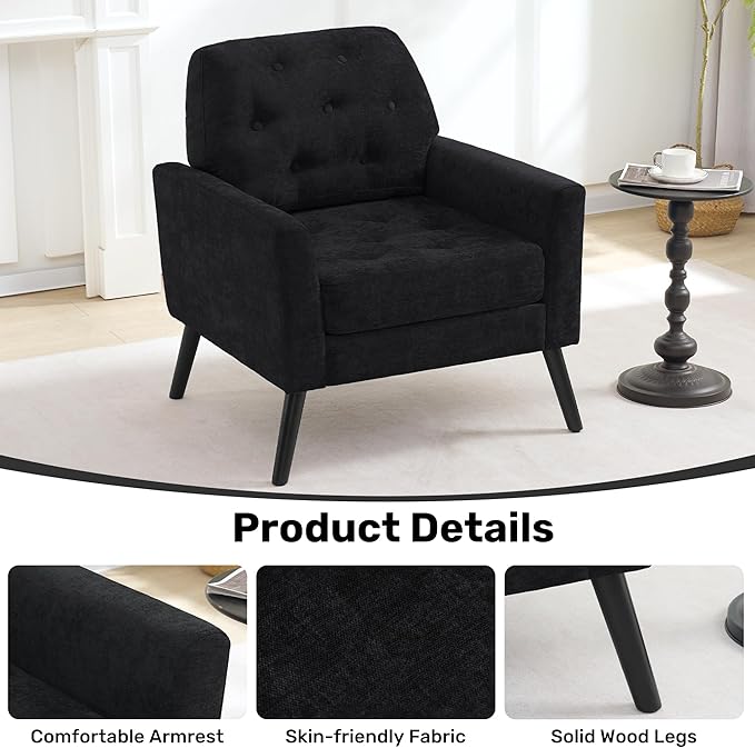 Accent Chair Set of 2 Mid Century Modern Living Room Chairs Upholstered Armchair with Tufted Back &amp Wood Legs Single Sofa Reading Side Chair for Bedroom Office Waiting Room Black