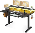 OffiGo U Shaped Electric Standing Desk with Keyboard Tray 55 Inch Height Adjustable Desk with Power Outlets &amp LED Lights Sit Stand Table with Monitor Stand for Home Office Black