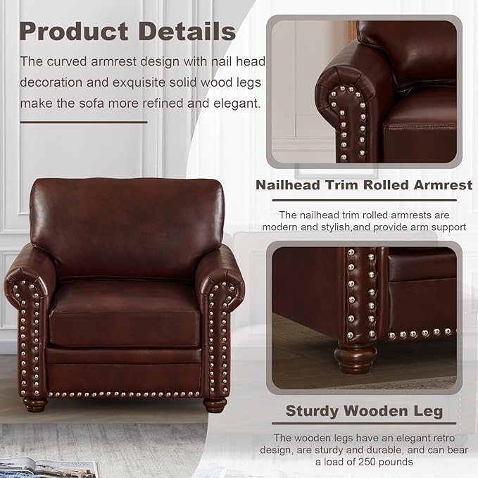 Faux Leather Accent Chair35 W Upholstered Mid Century Modern Armchair with Rivet Rolled ArmDeep Seat Comfy Single Sofa Chair for Living RoomBedroomApartmentOffice(Burgundy)