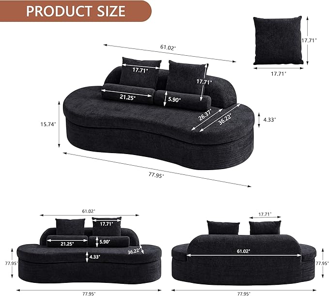 AVZEAR 78 Curved Loveseat Sofa Chenille Upholstered 2 Seater Couch for Living Room No Assembly Modern Love Seat Cloud Sofa with 2 Bolster Pillows &amp 2 Square Pillows High-Density Foam Black
