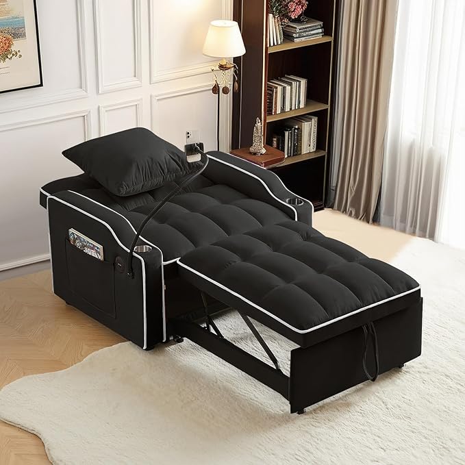 Sleeper Sofa Chair Bed with Charging Ports &amp Phone Holder &amp Cup Holder Modern Velvet 3 in 1 Convertible Pull Out Single Sofa Chair Bed for Small Spaces Apartment Black