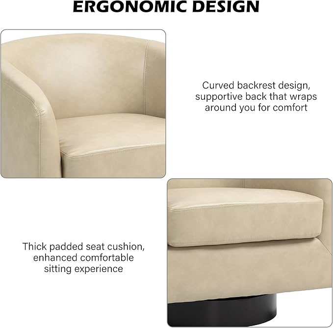 Swivel Barrel Accent Chair Modern Round Faux Leather Arm Chair for Living Room Bedroom Comfy Club Reading Chairs for Adults(Faux Leather Cream Set of 2)