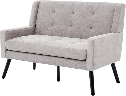 Mid-Century 47 Small Loveseat Sofa Plush Linen Fabric with Button Tufted High Back and Solid Wood Legs for Apartment Living Room Bedroom Home Office (Light Grey 2-Seater)