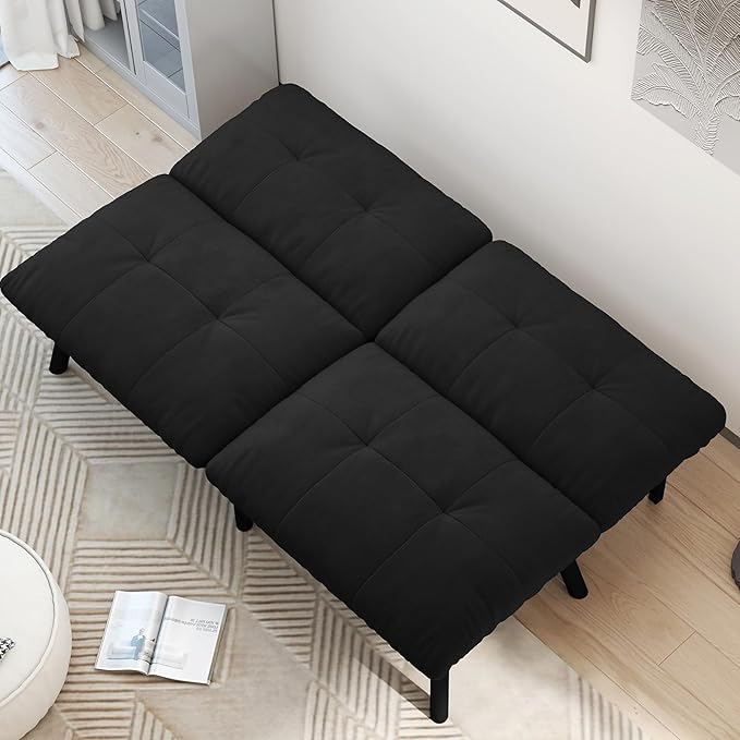 Futon Sofa Sleeper Couch Bed with Adjustable Backrest Thick Cushion Velvet Fabric for Department Living Room Lounge Sofa Loveseat (Black)