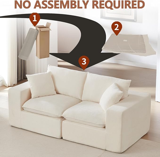 78” Cloud Loveseat Sofa with Cushions Boneless Couch in a Box Chenille Foam Couch for Bedroom Living Room Apartment Modern Small No Assembly (White)