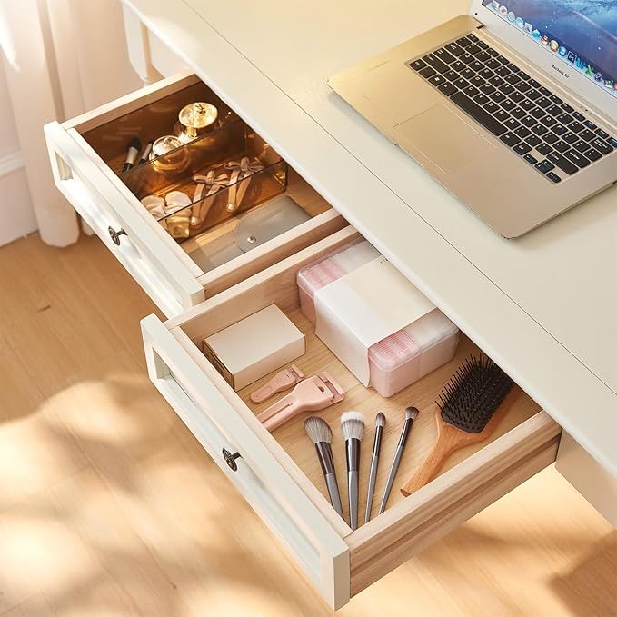French Country Desk Farmhouse Writing Desk Solid Wood Computer Table with Drawers 47” Home Office Study Living Room Furniture Rustic Beige Finish (White 47in)