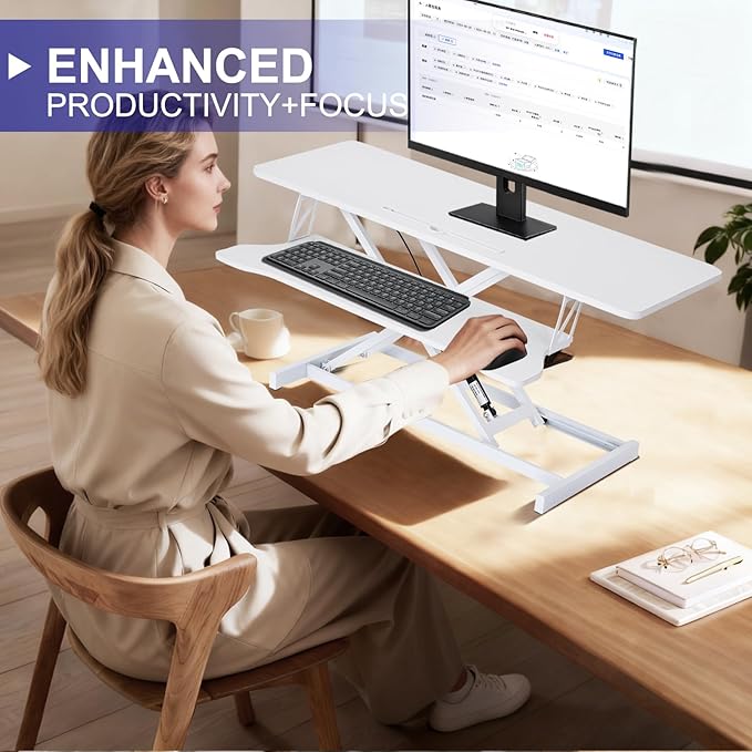 38-Inch Height Adjustable Standing Desk Converter Duals Monitor &amp Laptop Riser with Wide Keyboard Tray Sit to Stand Ergonomic Workstation for Home Office School Business White