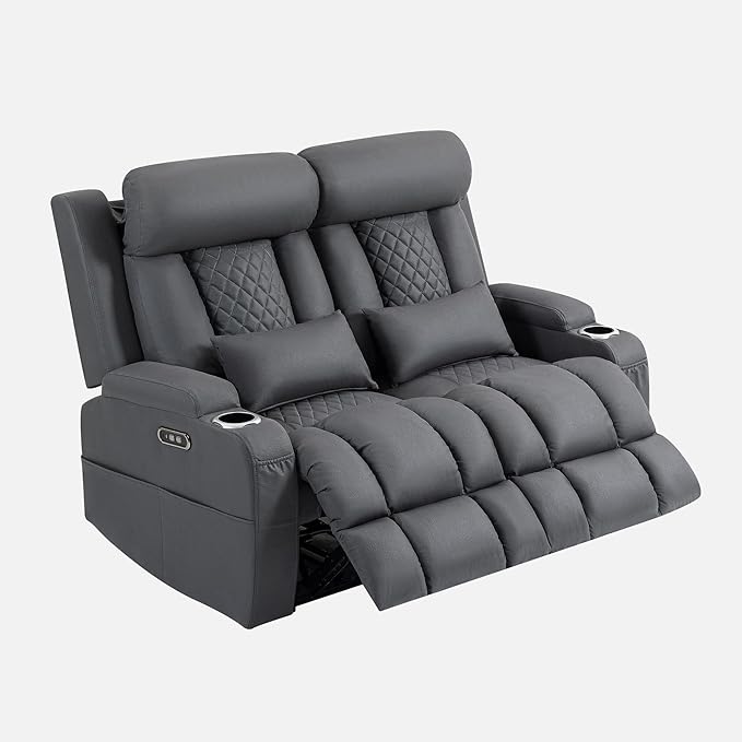 Wall Hugger Power Reclining Loveseat with Manual Adjustable Headrests Electric Recliner Sofa with USB/Type-C Ports Cup Holders – Perfect for RV and Small Spaces (Grey)