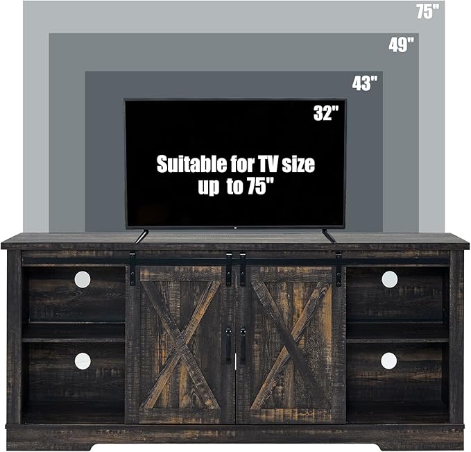 AMERLIFE 66 Farmhouse TV Stand for 75 Inches TVs Entertainment Center with Sliding Barn Door and Adjustable Shelf &amp Feet Console Table with Storage Dark Rustic Oak