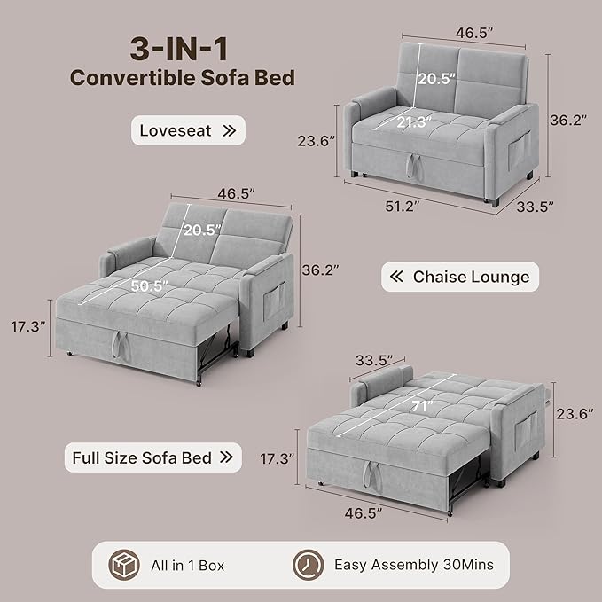 Gizoon Convertible Sofa Bed 3-in-1 Pull Out Couch 5-Position Adjustable Backrest &amp Side Pockets Modern Small Loveseat Sleeper Sofa for Living Room Apartment Dorm Studio Guest Room Light Gr