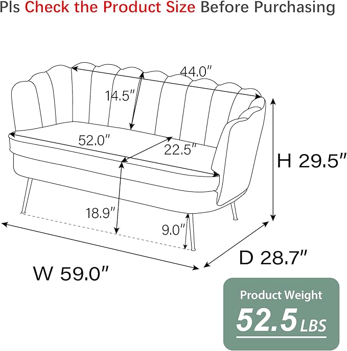 Aoiy &amp Wifon 59 W Comfy Small Loveseat for Small Spaces Upholstered 2-Seat Settee Loveseat with Metal Legs Chenille Green