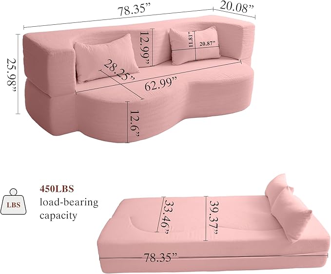 Modern Convertible Sleeper Sofa BedCompact Couch Loveseat Sofa Curved Seating Floor Couch Comfy Teddy Fabric SofaSoft Cloud Couch with Pillows for Apartment Living Room Bedroom (Pink)