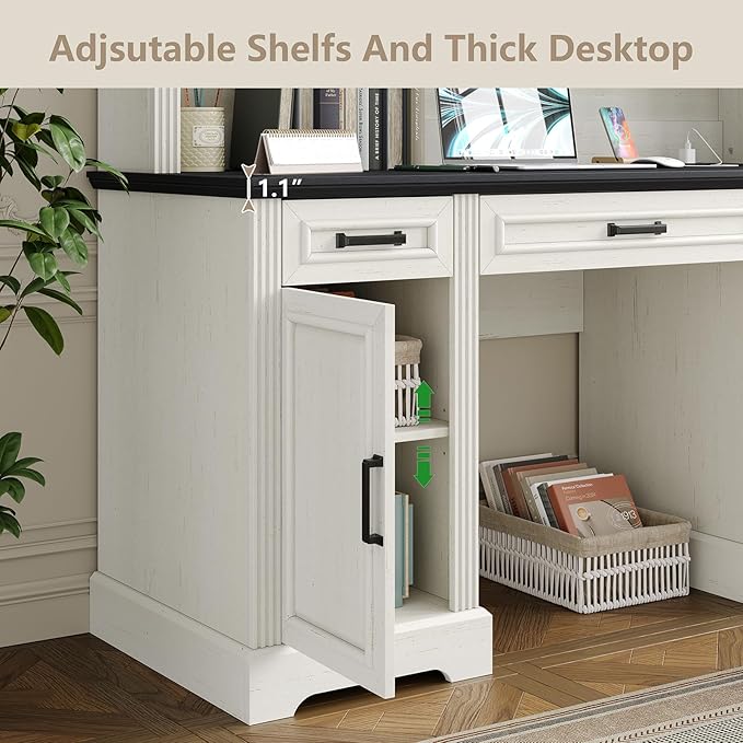 Furniouse Farmhouse 76 Height Executive Desk with Hutch Office Desk with Charging Station Drawers and Storage Cabinet Workstation for Office Home Black Tabletop Off White