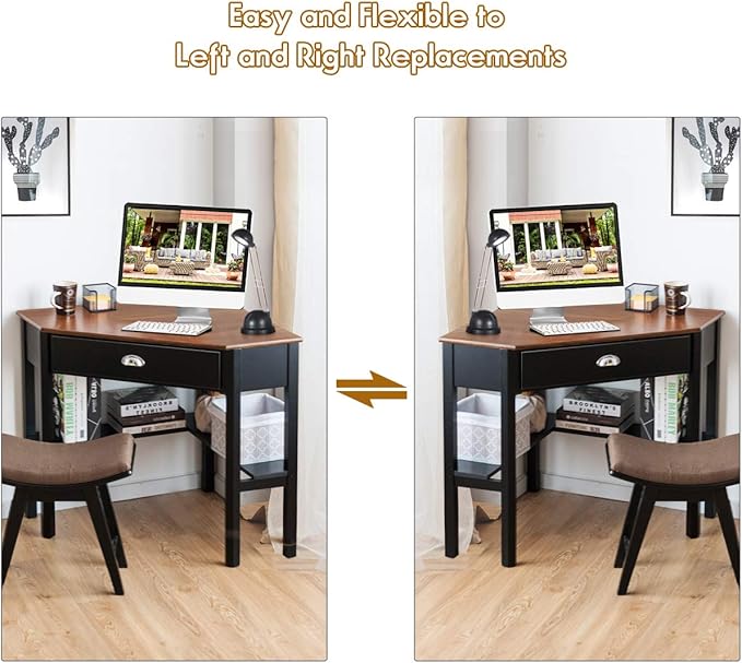RELAX4LIFE Corner Computer Desk Triangle with Drawer and Shelves Stable Laptop PC Table Home Office Writing Desk Study Workstation Desk (Coffee)
