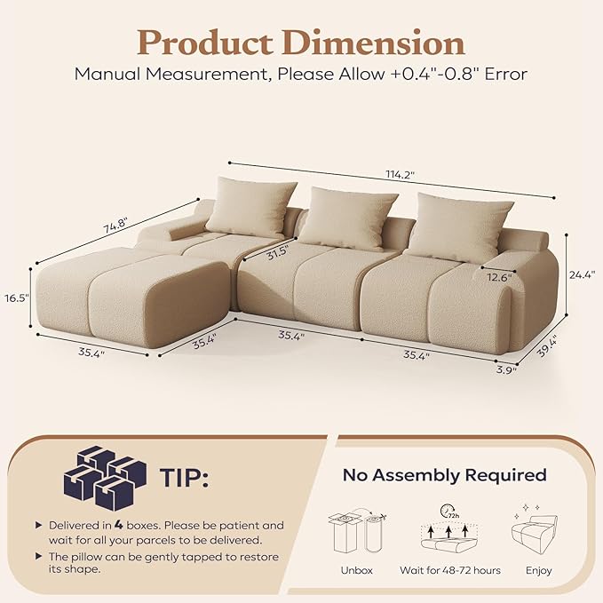 114 Cloud-Loaf Modular Sectional Sofa with Ottoman Modern Boucle Cloud Couch for Living Room 67 Deep Seat L-Shaped Sofa Set Boneless Comfy Memory Foam Couches No Assembly Beige | Modular Design