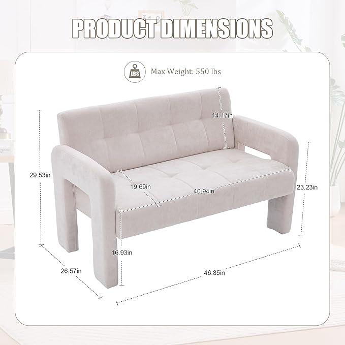 47'' Modern Loveseat Comfortable Small Couch for Two with Chenille Fabric Minimalist Accent Chair for Bedroom Office Entryway Dorm (Beige)