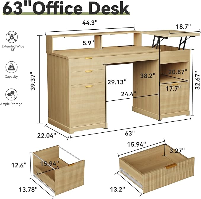 Fluted Desk with Drawers Filing Cabinet 63 Home Office Executive Desk with Lift Top Gaming Desk Charging Station Sensor Lights Wood Computer Table with Monitor Stand Natural Wood