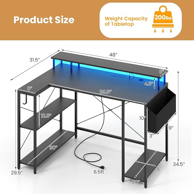 L-Shaped Gaming Desk with LED Lights &amp Power Outlets 48 Computer Table with Storage Shelves Monitor Stand Home Office Desk with Metal Frame Rustic Brown/Black (Black)