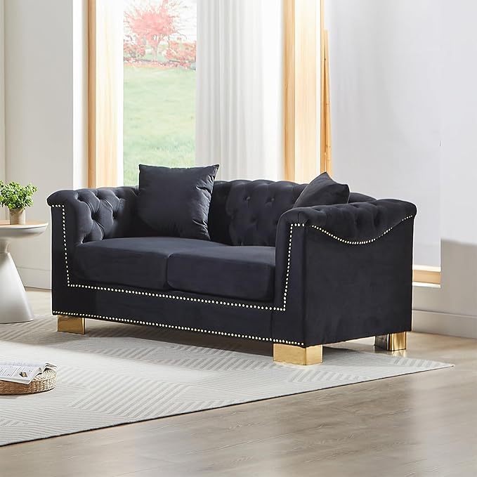 62 inch Chesterfield Loveseat Sofa 2 Seater Mid Century Modern Sofa Couch with Gold Rivet Decoration Cloud Comfy Velvet Upholstered Button-Tufted Couch for Living Room Office Black