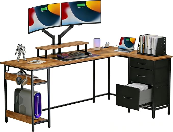 DEVAISE 66 Inches L Shaped Desk with Drawers L Shaped Office Desk with Power Outlets Monitor Stand Computer Table Gaming Desk with LED Light Large Corner Desk for Home Office (White)