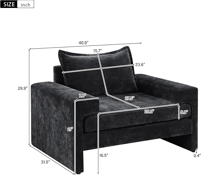 Merax 40.9 Chenille Upholstered Armchair Accent Chair with Wide Armrests Thick Cushion Ergonomic Back Support for Living Room Bedroom or Office Black