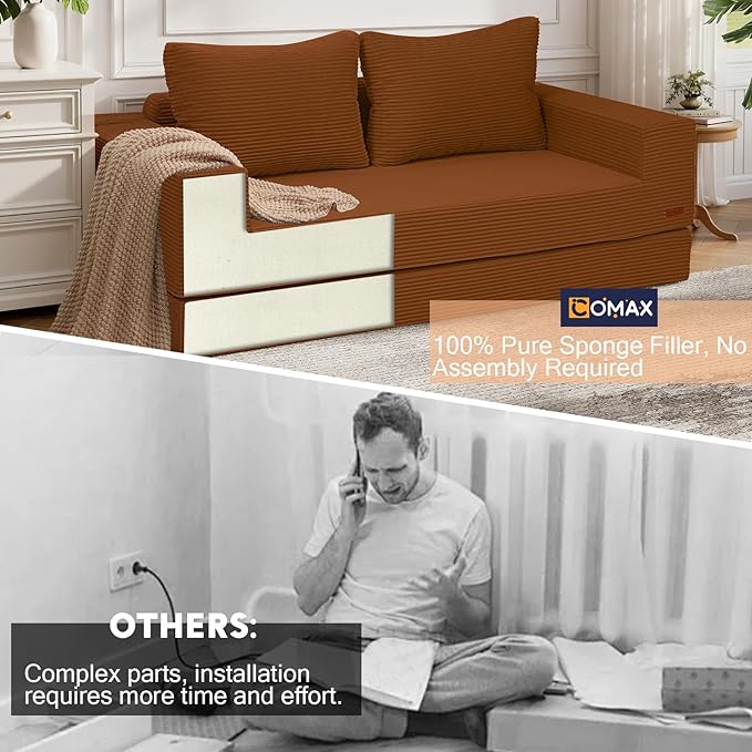 COMAX Convertible Sofa Bed Queen Corduroy Folding Floor Couch Pull Out Couch Bed Futon Sleeper with Pillows Fold Out Boneless Sofa Comfy Lounge Mattress Loveseat for Living Room Bedroom Orange