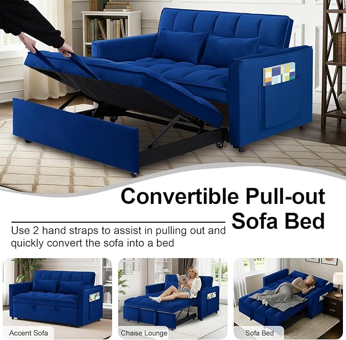 3 in 1 Convertible Sofa Bed Pull Out Couch with Adjustable Backrest Velvet Sleeper Sofa Loveseat with Pillows and Side Pockets for Living Room Bedroom Apartment Blue