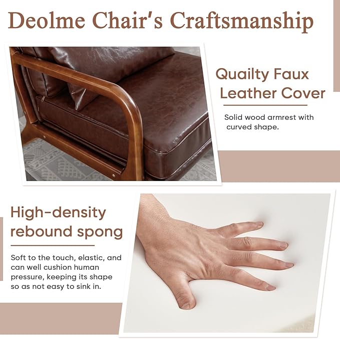 Brown Faux Leather Accent Chair- Comfy Solid Wood Arm Chair Mid Century Modern Armchair Lounge Sitting Decorative Office Side Chair Club Small Bedroom Reading Nook Sillas De Sala Living Room Furniture