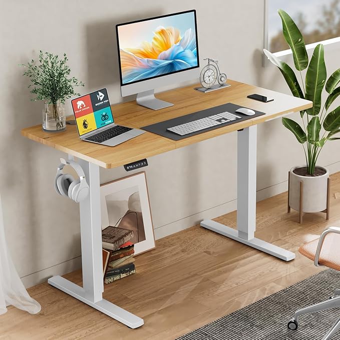 Electric Standing Desk Adjustable Height 63 x 24 Inch Sit and Stand Desk with 2 Hooks and Wire HolesHome Office Desk Ergonomic Workstation Computer DeskYellow