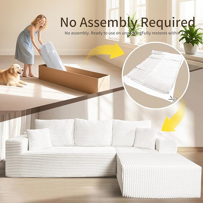 106'' Cloud Sectional Couch with L-Shape Chaise Boneless Modular Sofa with Deep Seat Modern Corduroy Couch for Living Room No Assembly Required. (Beige Right-Facing Chaise)