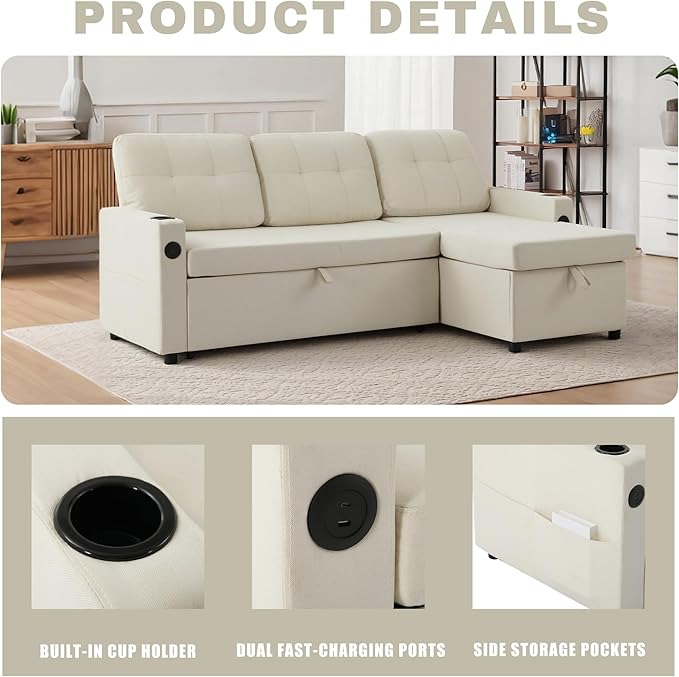 82 Pull Out Sofa BedL-Shape Modern Sleeper Sofa Upholstered Sectional Couch with USB Port and Side Pockets for Living Room and Guest Room (Beige)