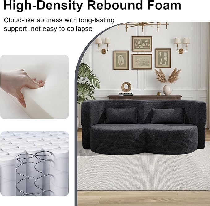 79 Inch Boneless Loveseat Sofa: 2-in-1 Convertible Teddy Velvet Cloud Double Sofa Minimalist Curved Cloud Sofa Bed for Living Room Apartment &amp Small Spaces (Black)